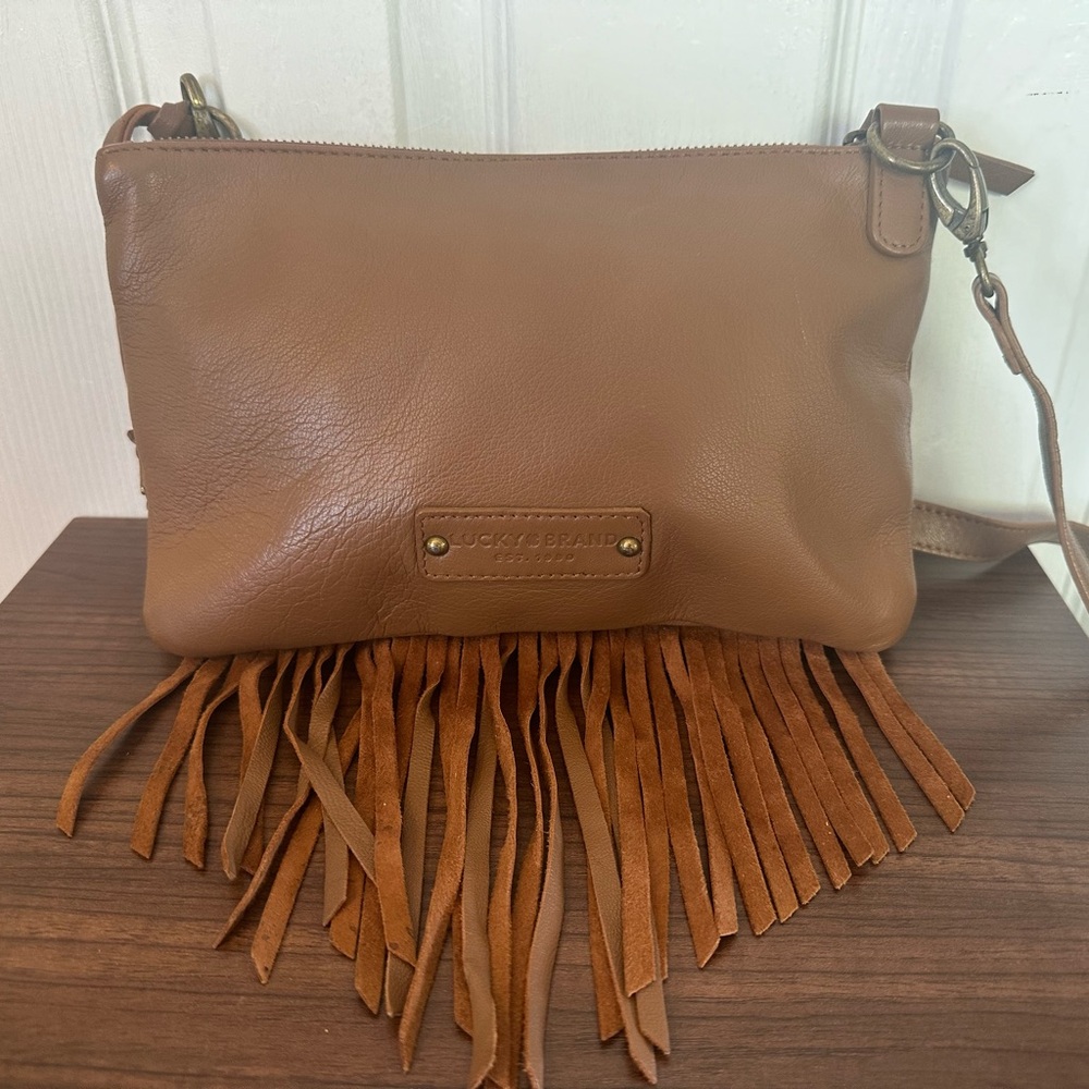 Lucky Brand Cross Body Brown Leather Fringe Boho Purse